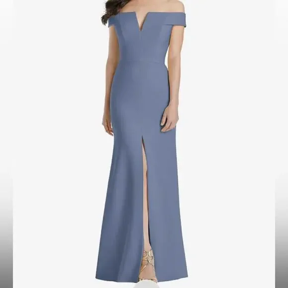 Dessy Collection NWT Off Shoulder Trumpet Gown Front Slit Larkspur Blue Size 0 - Picture 1 of 8